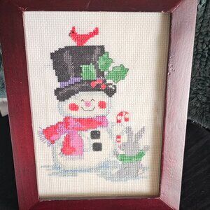 Vintage Santa Claus Snowman & Rabbit Framed Needlepoint Christmas